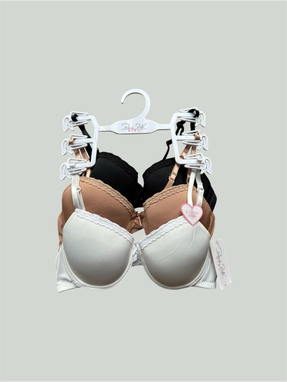 Rene Rofe 3-Pack Lace Trim T-Shirt Bras - Black, Nude & White